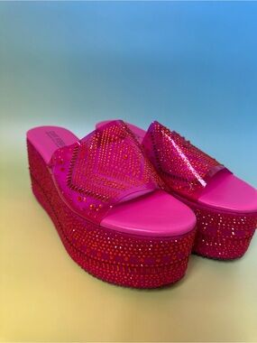 Cape Robbin Hot Pink Embellished Platform Slide Sandals